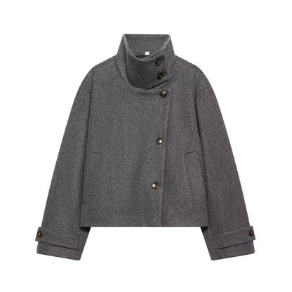European and American 2025 Winter New Women's Loose and Casual Style Simple Long Sleeve Buckle Stand up Collar Coat