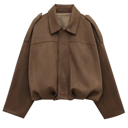 HXAO Women's Bomber Jacket Lapel Long Sleeve Zipper Suede Jacket Women 2025 High Street Cropped Racing Jackets Coats Outerwears
