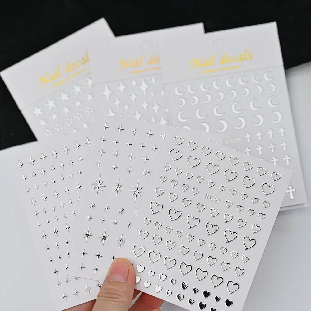 Metallic Silver 3D Star Chain Heart Nail Stickers 6 Sheets Self Adhesive Decals Professional Salon DIY Gel Nail Art Supply