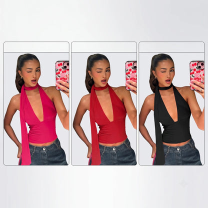 Sexy Deep V-Neck Halter Crop Top for Women Y2K Built-in Scarf Backless Sleeveless Slim Tank Top Summer Club Party Streetwear