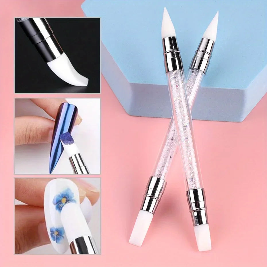 Beechip 2pcs Double Head Silicone Nail Art Pen Carving Flower Sculpting Pen Adjustable Glue Stick Embossing Brush