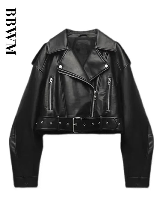 BBWM Women Oversized Vintage Loose Pu Faux Leather Short Jacket with Belt Streetwear Female Zipper Retro Moto Biker Coat Outwear