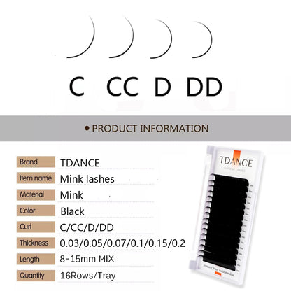 TDANCE Classic Eyelash Extension Korea PBT 16 Row Matte Black Faux Mink Lashes Russian Volume Makeup Eyelashes Individual Lash