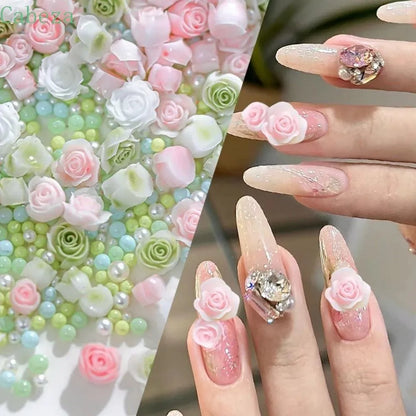 30pcs 3D Mixed Size Pearl Resin Flower Rose Nail Charms Accessories Pink Rose Red Nail Art Luxury Decoratons Supplies Parts DIY