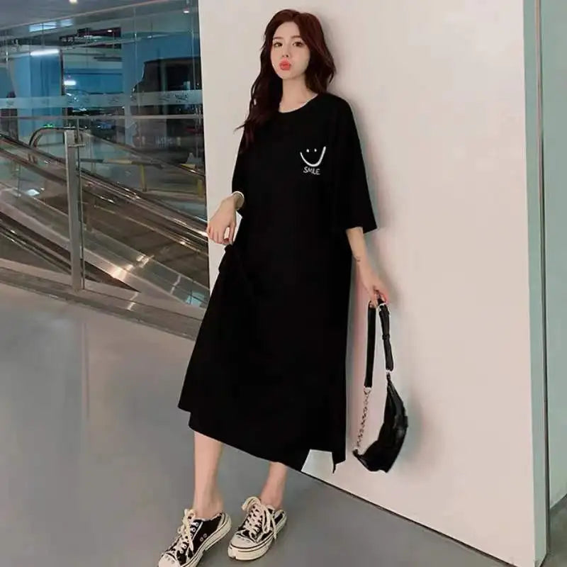 Women's Summer New Short Sleeved T-shirt Dress Loose Mid Length Over Knee Dress
