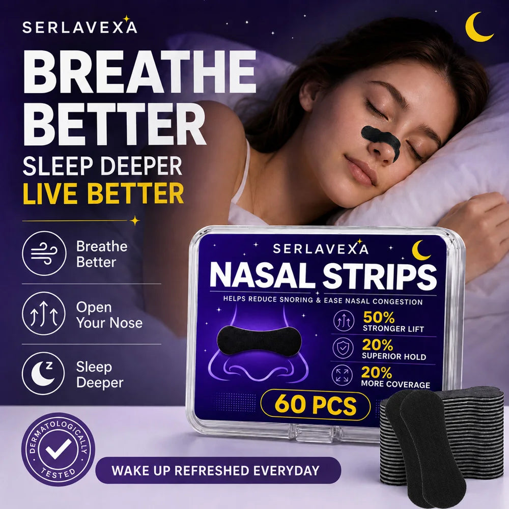 SERLAVEXA Nasal Strips 60PCS Black Self Adhesive Nose Patches for Comfortable Breathing During Sleep Sports and Travel