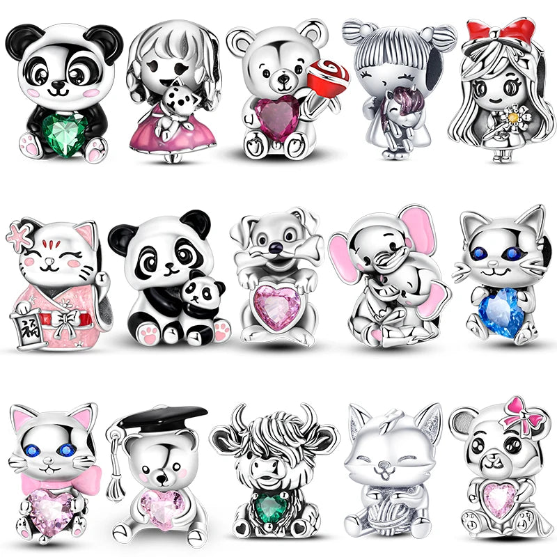 Original Charms 925 Silver Cute Animals Cat Bear Bead For Silver Bracelet Diy Fahsion Jewelry