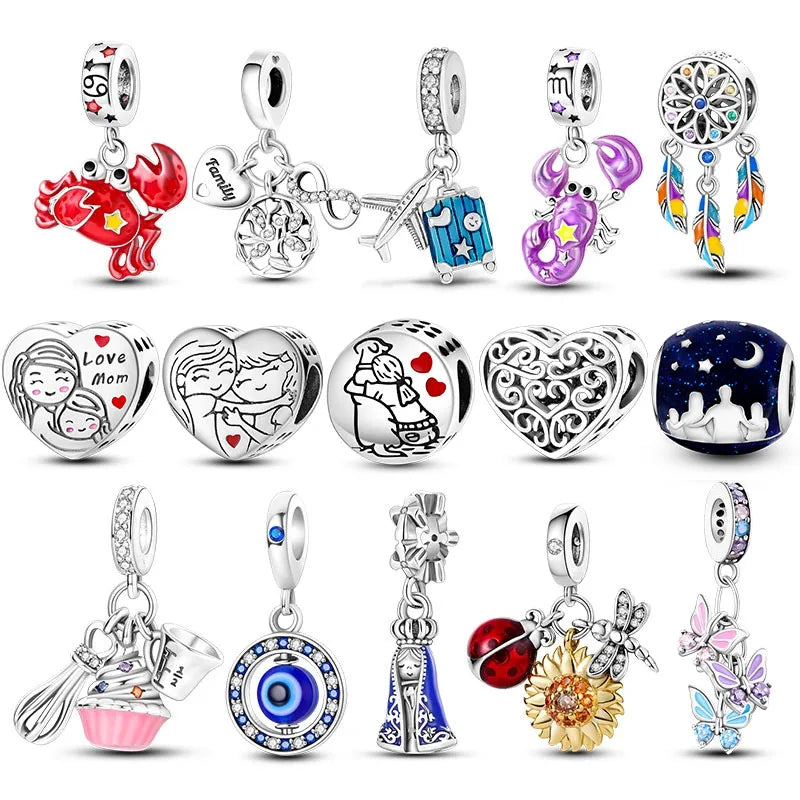 925 Silver Rainbow Flower Dragonfly Charms Dangle Charm Animal Bead Fit Original Bracelet Jewelry DIY