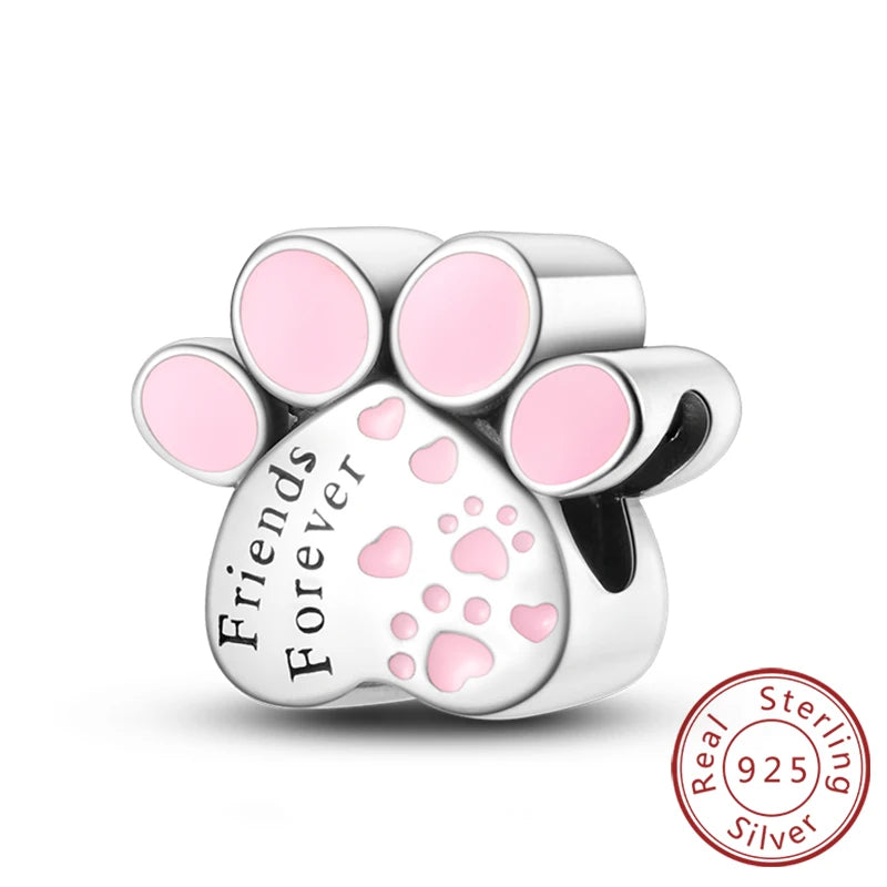 Charms 925 Sterling Silver Dog Cat Paw Print Love Pets Charms Beads Fit Original Bracelets Necklaces Pendant Women DIY Jewelry
