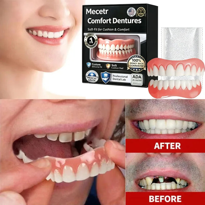 Full Set Natural Dentures Upper & Lower Silicone Fake Teeth Braces Comfort Fit Instant Confidence Smile Oral Care For Men Women