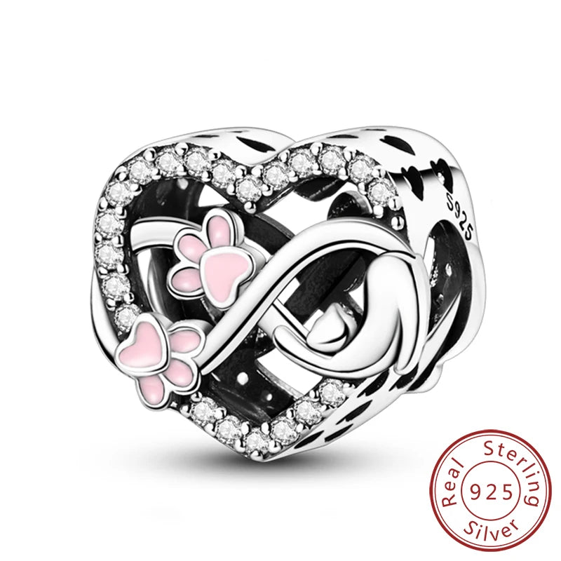 Charms 925 Sterling Silver Dog Cat Paw Print Love Pets Charms Beads Fit Original Bracelets Necklaces Pendant Women DIY Jewelry